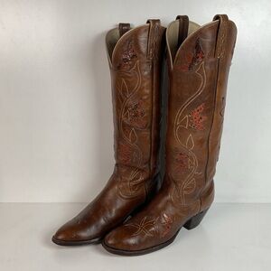 Vintage Dan Post Tall Tulip Cowgirl Boots 7.5 C Tooled Snakeskin Overlay